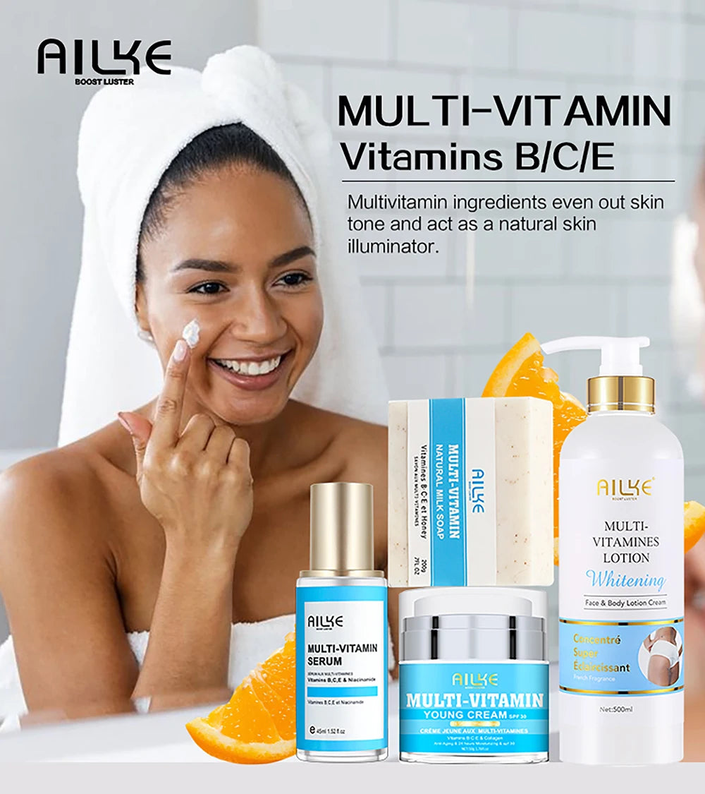 AILKE Multi-Vitamin Lightening Skin Set, Reduce Blemish, Absorbs Quickly Moisturizes with Vitamins B/C/E, Rejuvenates Skin