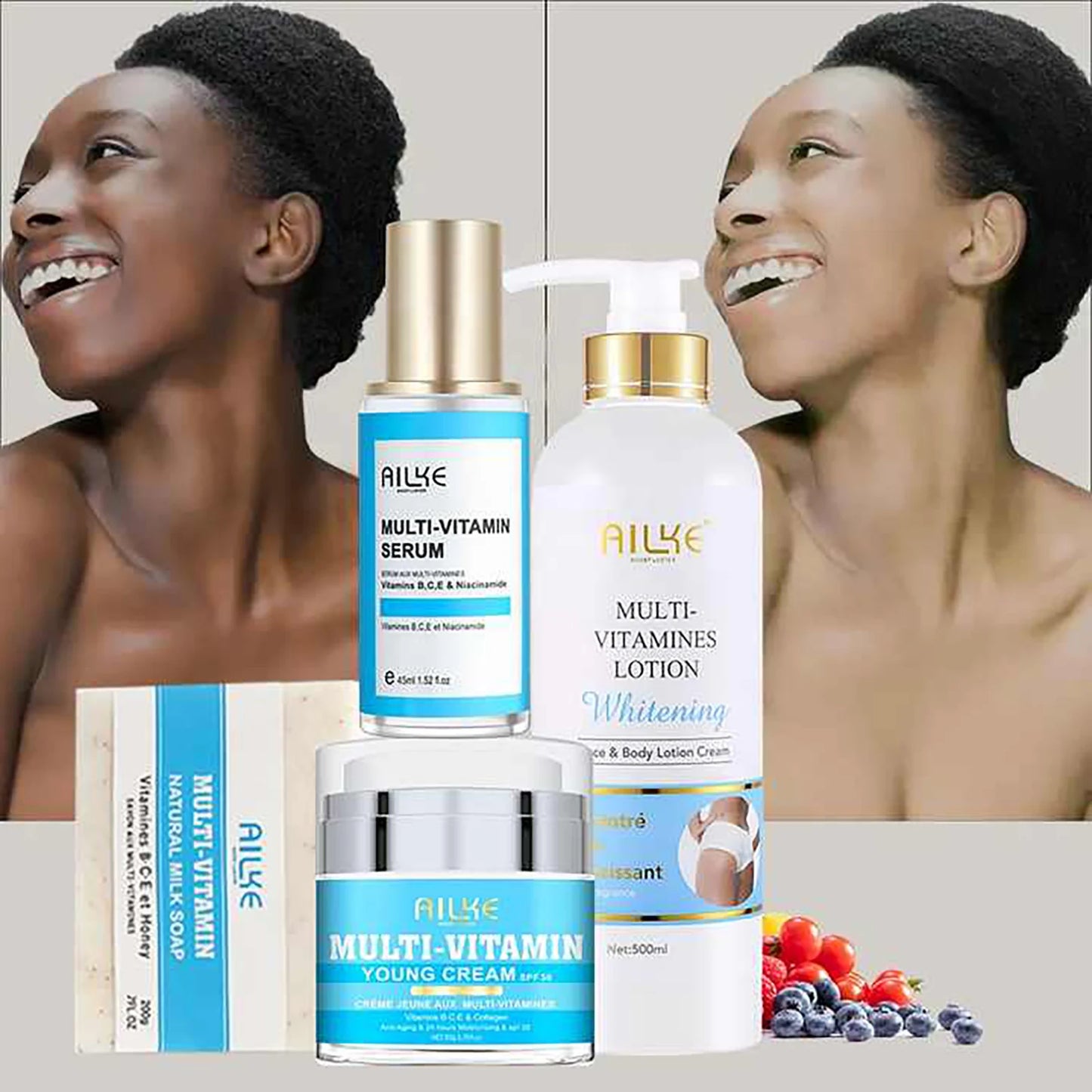 AILKE Multi-Vitamin Lightening Skin Set, Reduce Blemish, Absorbs Quickly Moisturizes with Vitamins B/C/E, Rejuvenates Skin