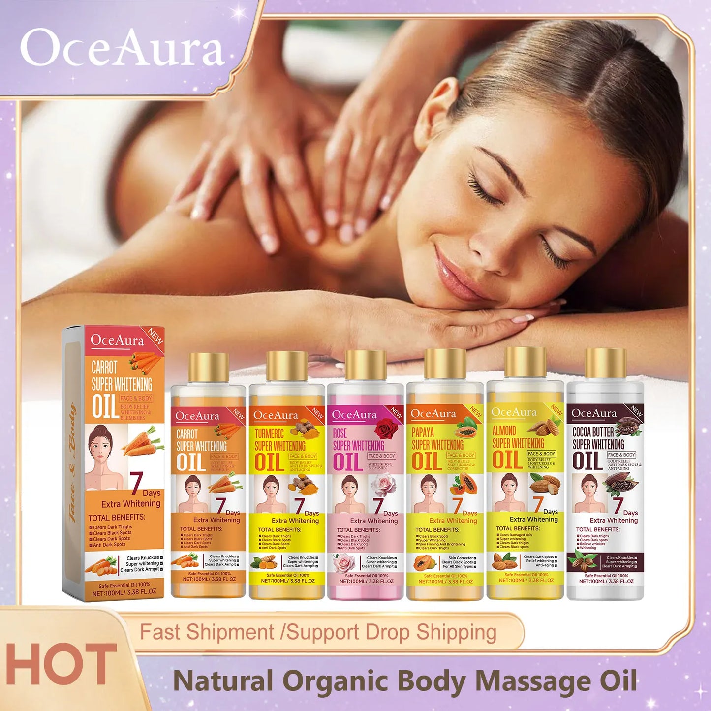 Body Whitening Oil 100ml Natural Organic Relaxing Muscle Hydrating SPA Aromatherapy Skin Brightening Smoothing Body Massage Oil