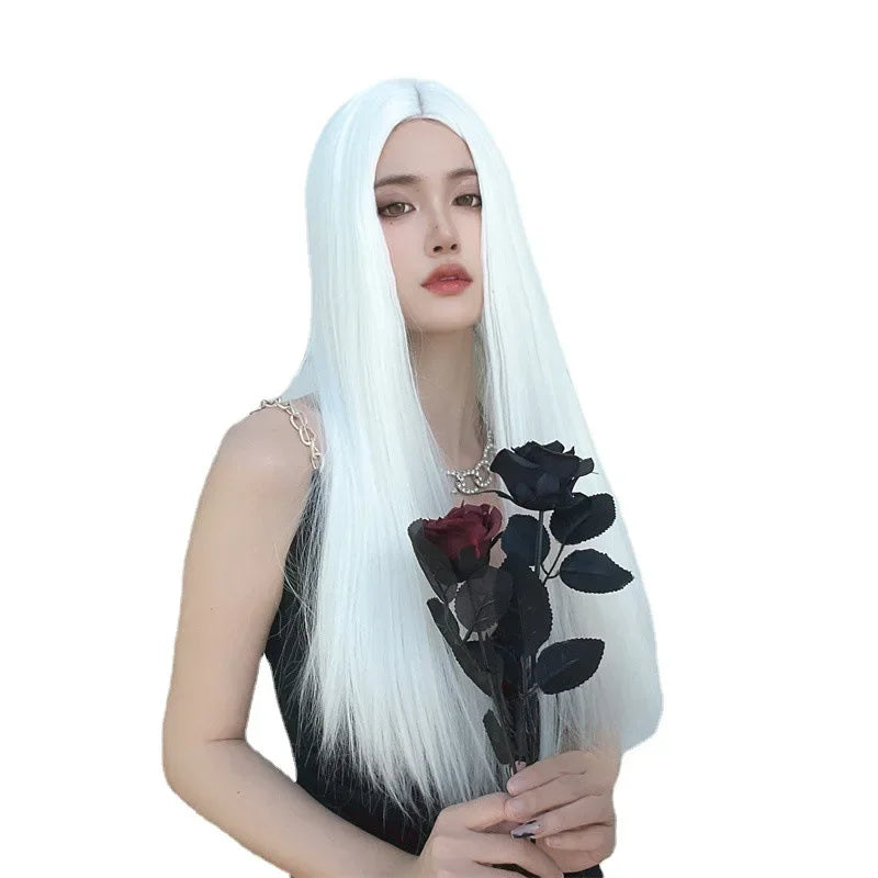 Wig for Women European and American White Long Straight Hair Synthetic Material Chemical Fiber Headgear Medium Hair Lolita Wig
