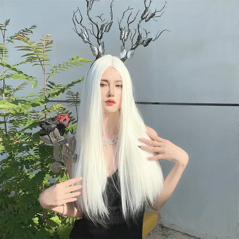 Wig for Women European and American White Long Straight Hair Synthetic Material Chemical Fiber Headgear Medium Hair Lolita Wig