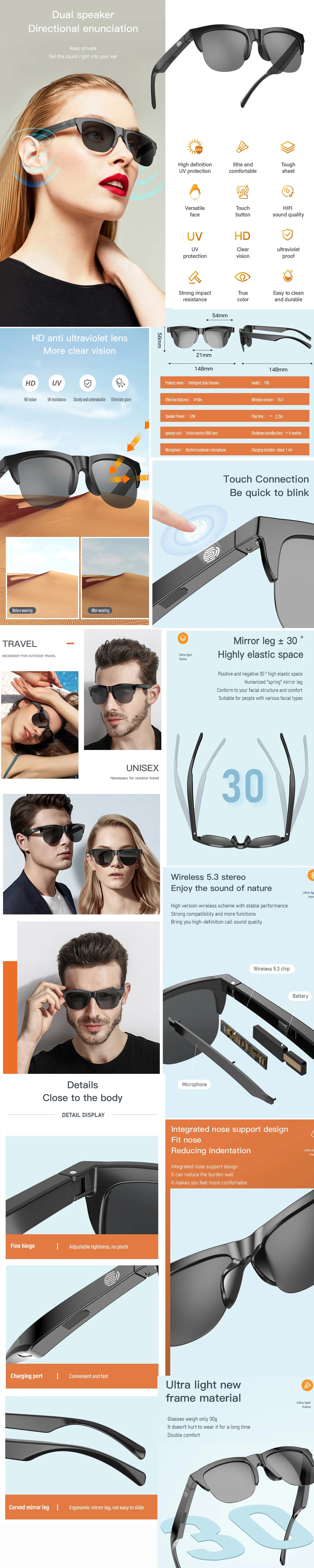 F06 Wireless Bluetooth 5.3 Sunglasses Headphones - Enjoy Music Wirelessly Hands-free Calling Music Outdoor Sports Eyeglasses TWS
