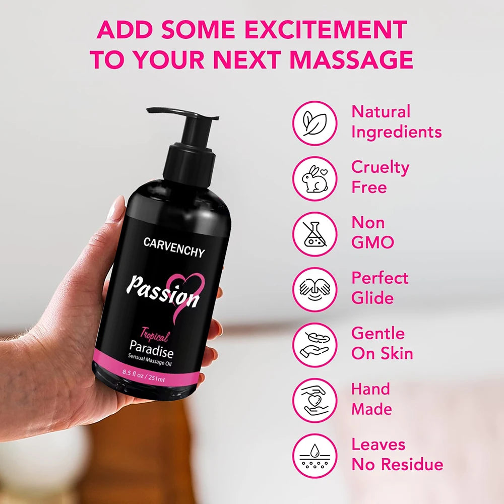 8.5 OZ Passion Sensual Jojoba Oil Natural Body Massage Oil for Couples Relaxing Perfect Glide & Smooth Skin, Tropical Paradise