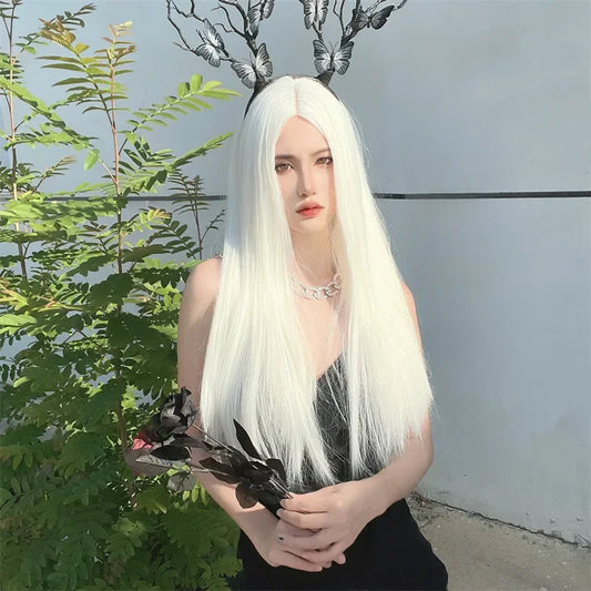 Wig for Women European and American White Long Straight Hair Synthetic Material Chemical Fiber Headgear Medium Hair Lolita Wig