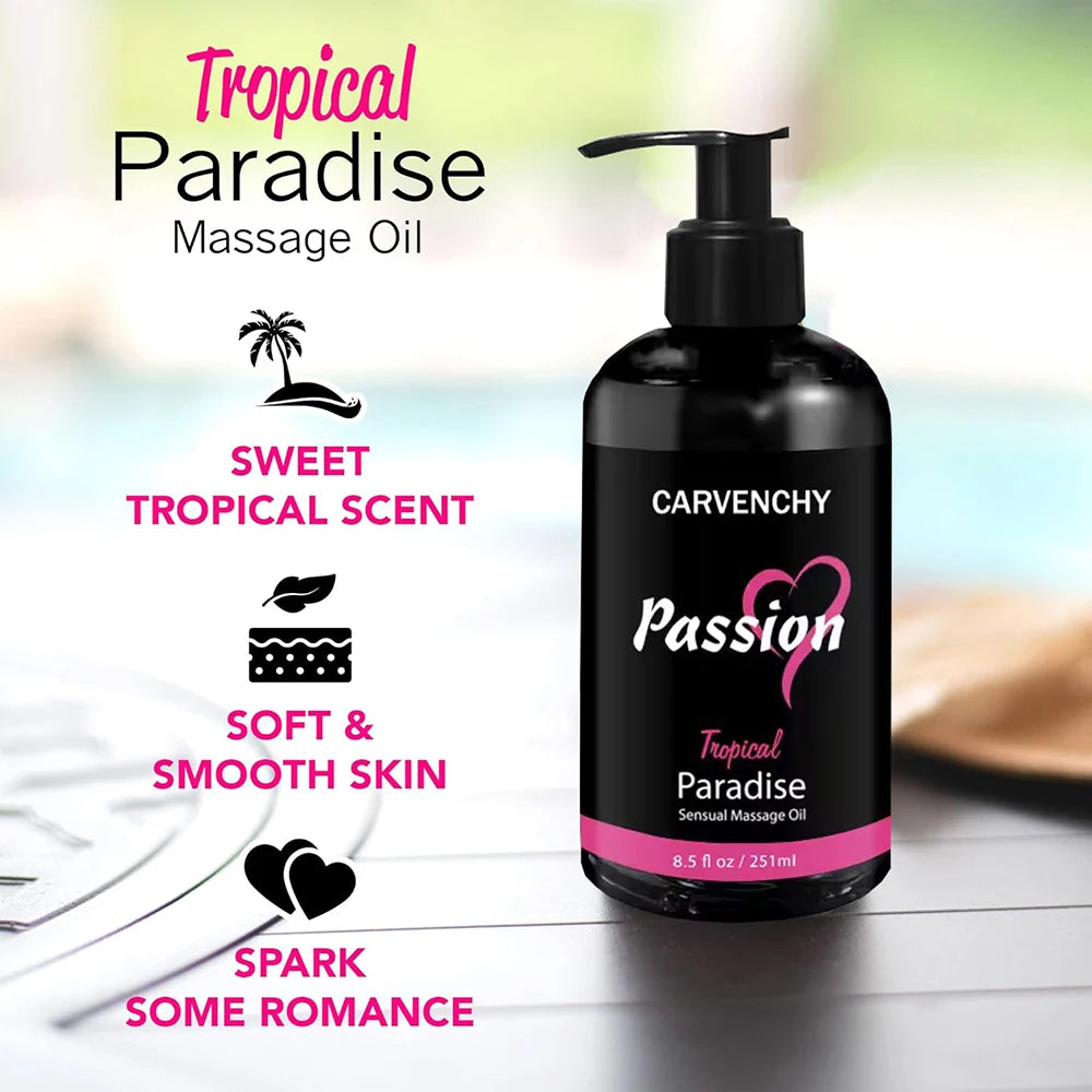 8.5 OZ Passion Sensual Jojoba Oil Natural Body Massage Oil for Couples Relaxing Perfect Glide & Smooth Skin, Tropical Paradise