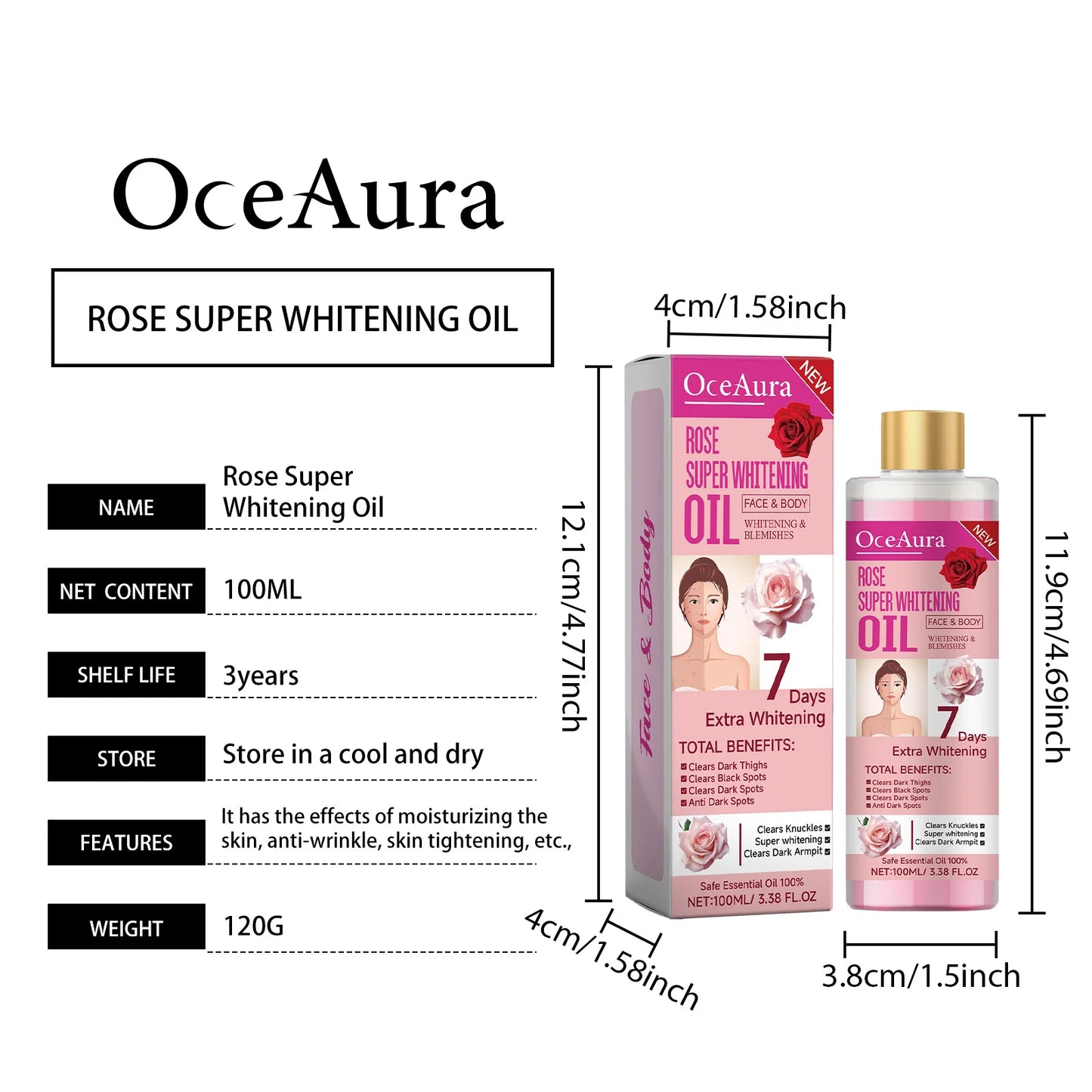 Body Whitening Oil 100ml Natural Organic Relaxing Muscle Hydrating SPA Aromatherapy Skin Brightening Smoothing Body Massage Oil