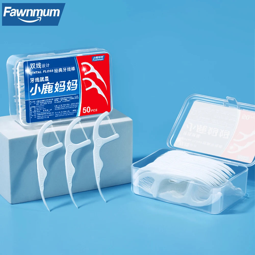 Fawnmum 50/100pcs Double Line Dental Floss Toothpicks Fresh Breath Dental Flosser Disposable Floss Stick For Oral Care