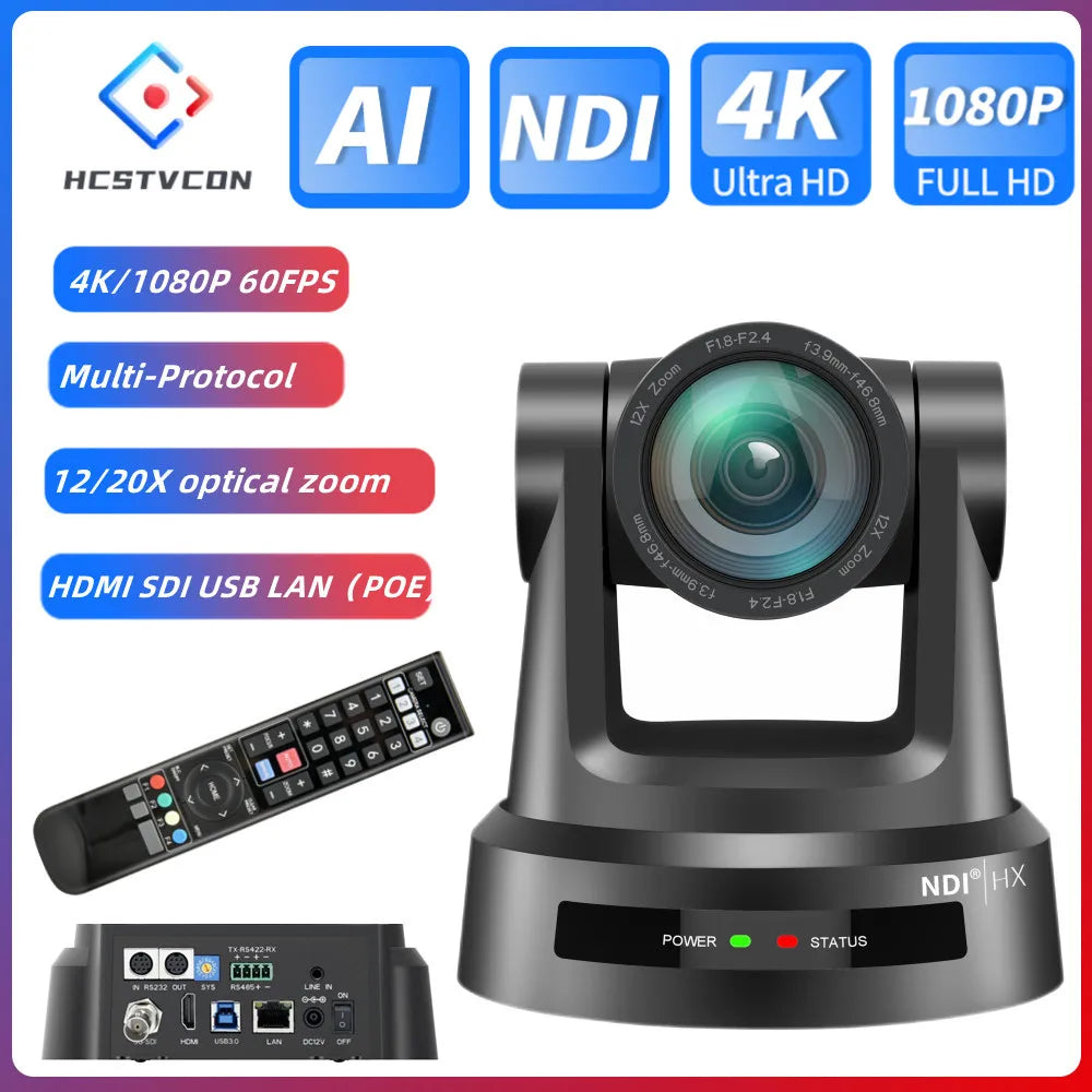 4K/1080P Video Conference Camera HDMI SDI LAN USB 12/20X NDI 60/30FPS AI Tracking for Church Meet Zoom Youtube Skype Live Stream