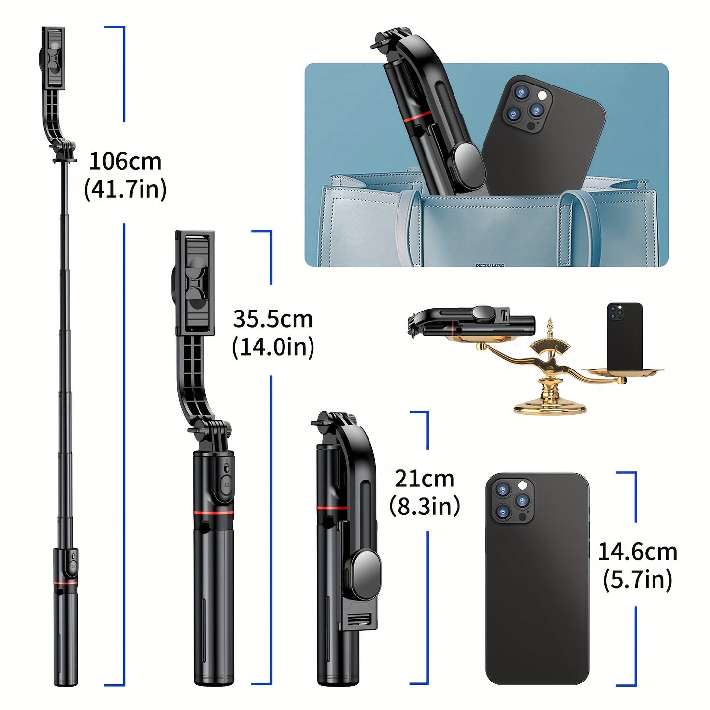 41 Inch Aluminum Alloy Selfie Stick Phone Tripod, Extendable 3 In 1 Selfie Stick With Wireless Remote And Tripod Stand 360 Rotation For IPhone 14/13/12/11 Pro/XS Max/XS/XR/X, Android Smartphone, Portable, Lightweight