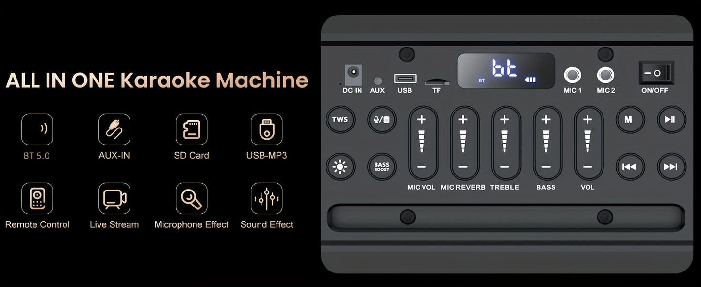 T11-T Bluetooth Karaoke Machine with 2 Wireless Microphones, Beat Light Show, and AUX Input for Home Parties