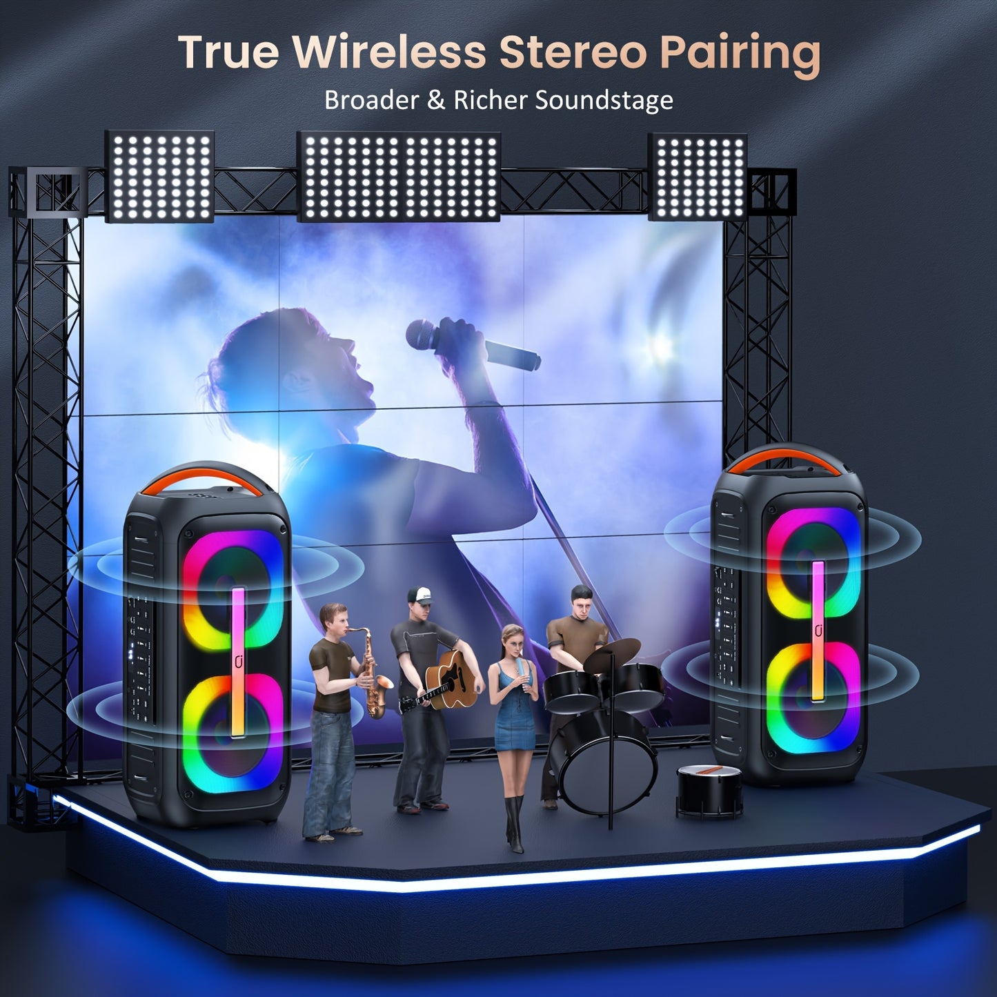 T11-T Bluetooth Karaoke Machine with 2 Wireless Microphones, Beat Light Show, and AUX Input for Home Parties