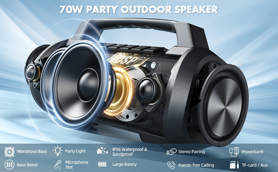 70W W-KING Thunderbolt - Portable Bluetooth Speakers with Waterproof, Bass Boost, DSP, Stereo Pairing, Powerbank, MIC and Long-Lasting Battery Life for Outdoor Party and Travel