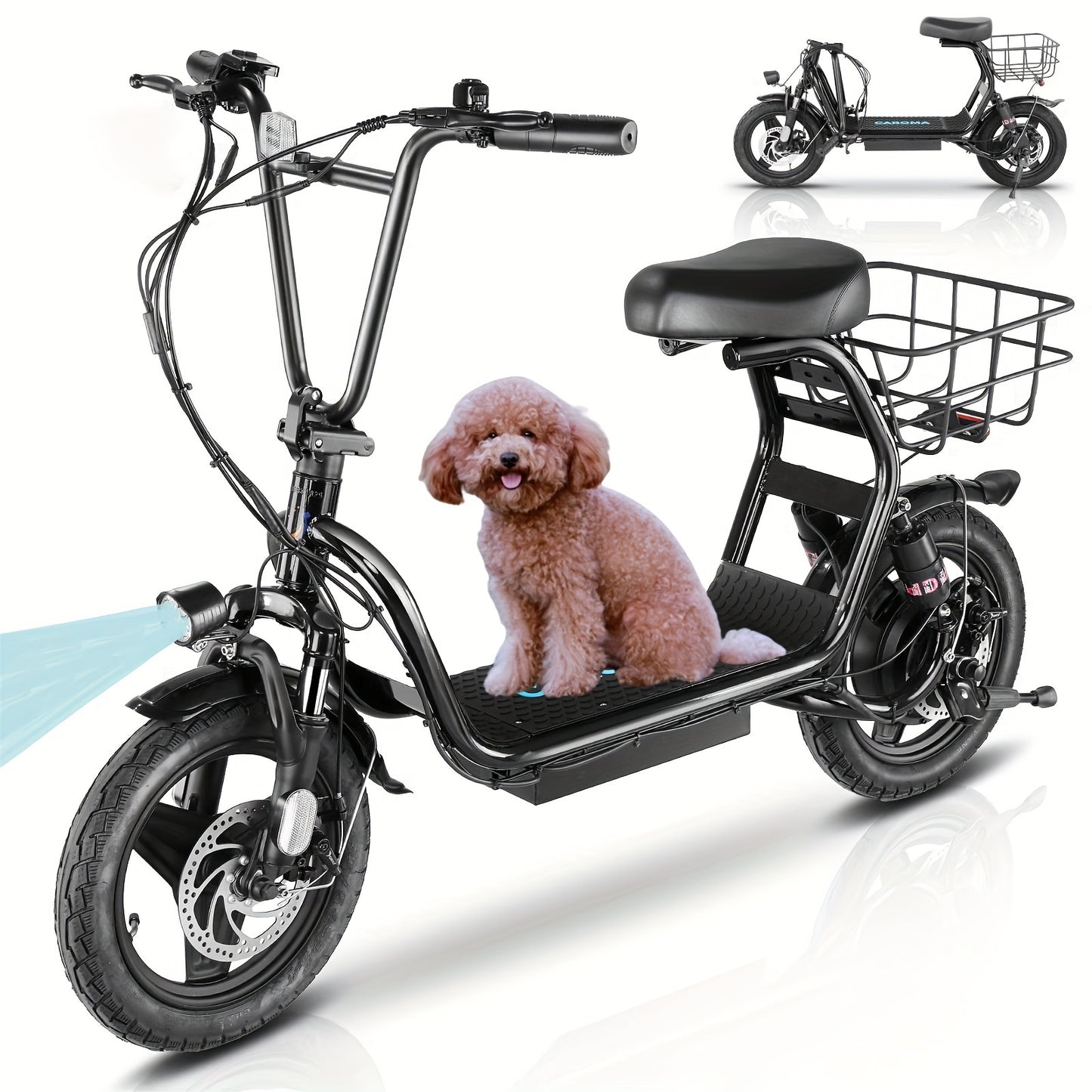 CAROMA 500W Electric Scooter For Adults, 48V Battery, 25 Miles Long Range, 20MPH Top Speed, 3 Speed Modes, 300lbs Max Load, With Shock-Absorbing Seat & Removable Basket, Easy To Assemble, Portable Adult Commuter Scooter