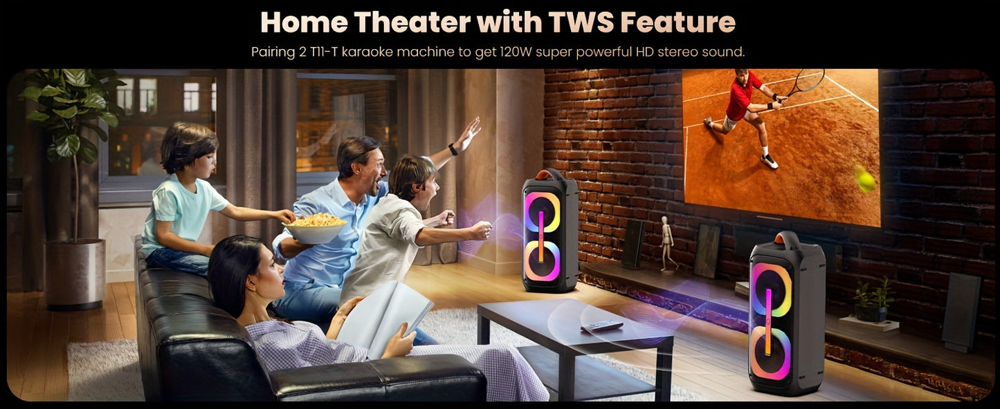 T11-T Bluetooth Karaoke Machine with 2 Wireless Microphones, Beat Light Show, and AUX Input for Home Parties